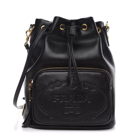 Prada Glace Calfskin Embossed Bucket Bag Black 